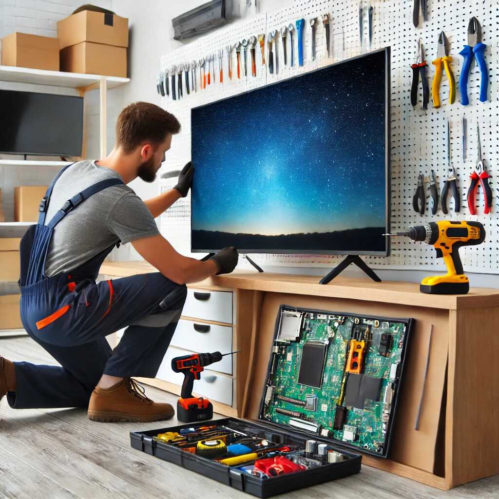Professional TV repair technician fixing LED TV in Bangalore