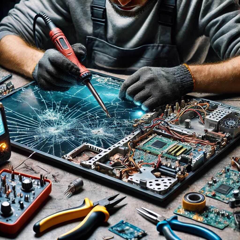 Technician replacing TV power supply component