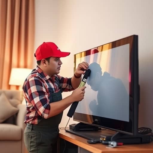 A customer and technician discussing TV repair issues in a well-lit home setting.