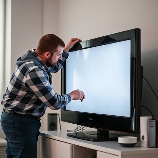A technician inspecting the back panel of a TV during an on-site repair visit.