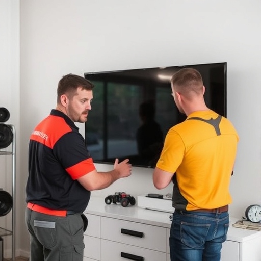 Technician repairing a flat-screen TV in a living room with family watching anxiously.